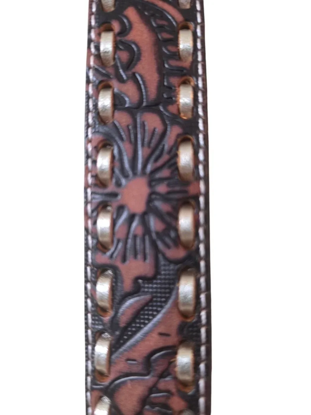 Miss Me Womem's Brown Tooled Leather Rhinestone Western Belt Sz L